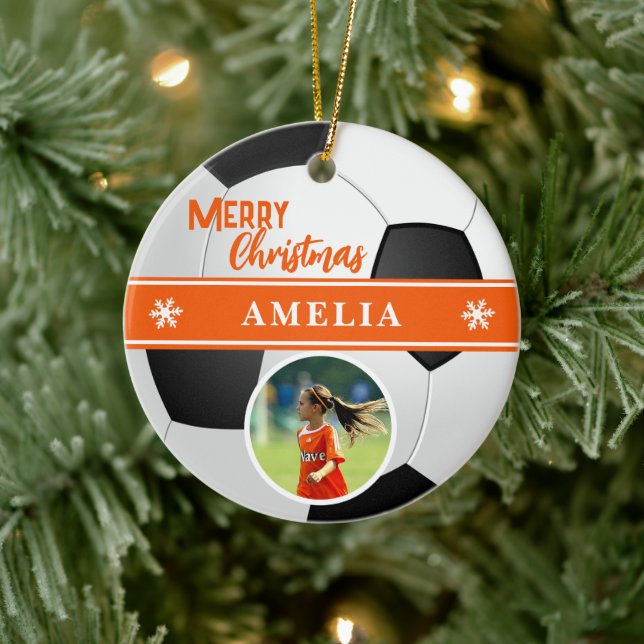Soccer Ball Custom Name Merry Christmas Photo Ceramic Ornament (Tree)