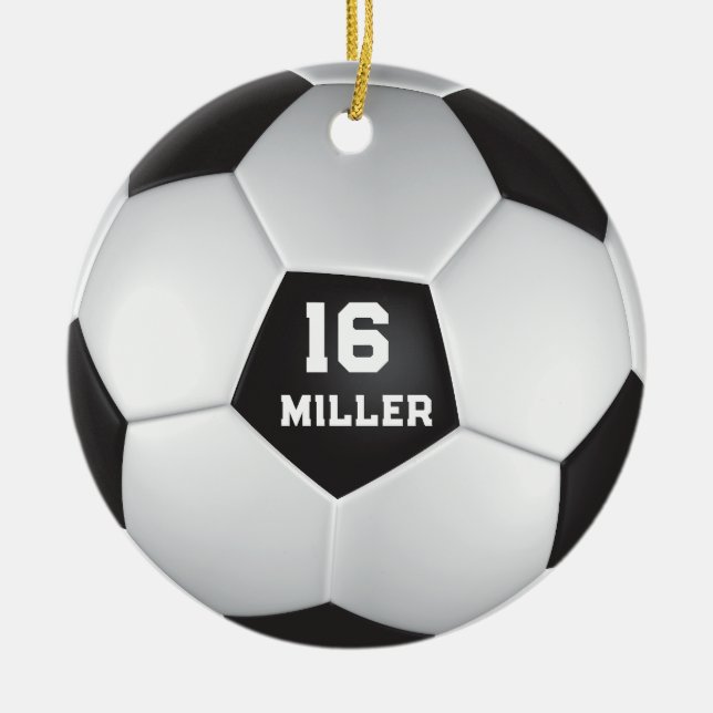Soccer Ball Custom Name Number Ceramic Ornament (Front)