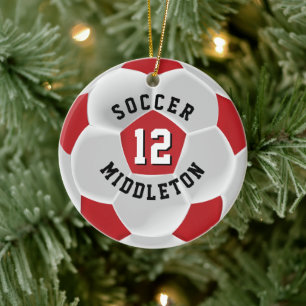 Soccer ⚽ Ball Dark Red and White Ceramic Ornament