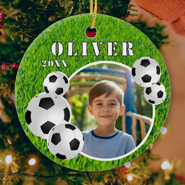 Soccer Ball Football Grass Sports Photo Ceramic Ornament (Creator Uploaded)