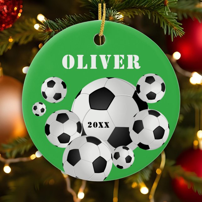 Soccer Ball Football Green Sports Kids Keepsake Ceramic Ornament (Creator Uploaded)