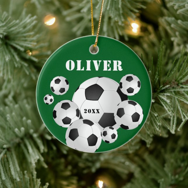 Soccer Ball Football Green Sports Kids Keepsake Ceramic Ornament (Tree)