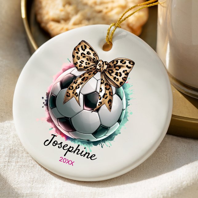 soccer ball football player girly leopard bow  ceramic ornament (Creator Uploaded)