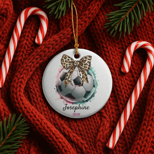 soccer ball football player girly leopard bow  ceramic ornament