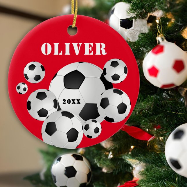 Soccer Ball Football Red Sports Kids Ceramic Ornament (Creator Uploaded)