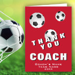 Soccer Ball Football Red Thank you Coach Card<br><div class="desc">Modern Soccer Ball Football Red Thank you Coach Card. The card has 3 black and white soccer balls on a red background. Great card for thanking soccer coaches, high school soccer team trainers, mum or dad coach, etc. Customise any text on the card. Add the coach`s name, team name and...</div>