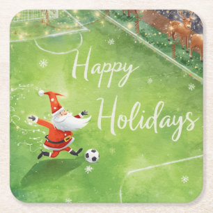 Soccer Ball for Christmas with Santa Claus Square Paper Coaster