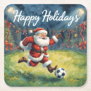Soccer Ball for Christmas with Santa Claus Square Paper Coaster