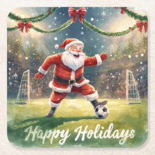 Soccer Ball for Christmas with Santa Claus Square Paper Coaster