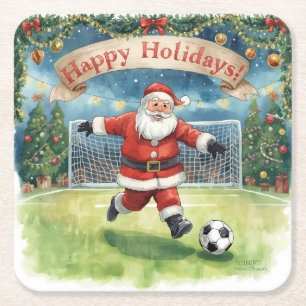 Soccer Ball for Christmas with Santa Claus Square Paper Coaster