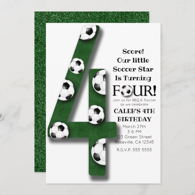 Soccer Ball Four 4 4th Birthday Party Invitation (Front/Back)