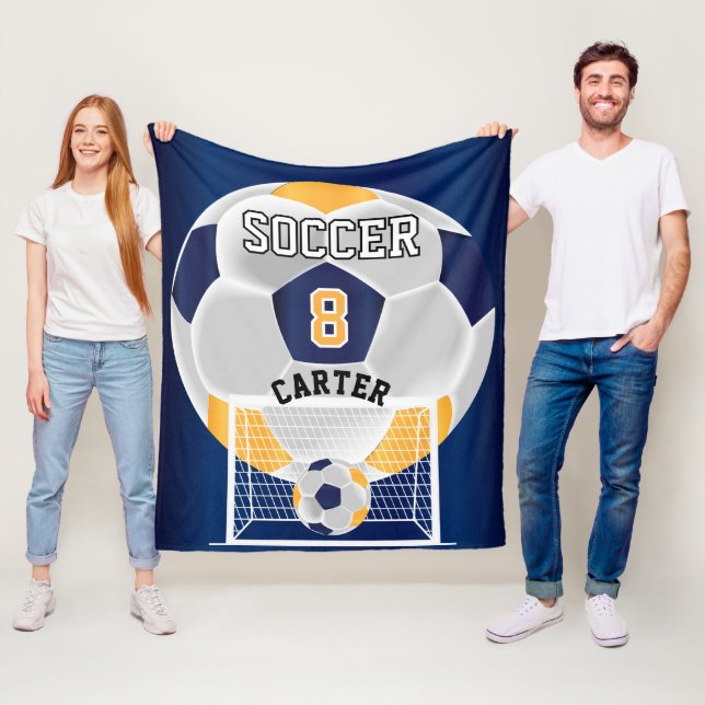 Soccer Ball - Golden Yellow, White and Blue Fleece Blanket (In Situ)