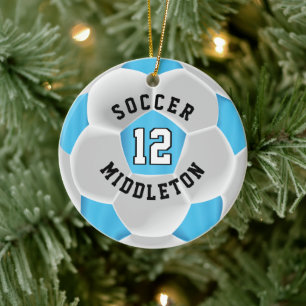 Soccer ⚽ Ball in a Baby Blue and White Ceramic Ornament
