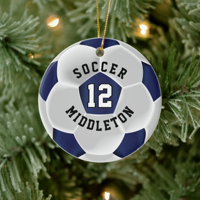 Soccer ⚽ Ball in a Dark Blue and White Ceramic Ornament (Tree)