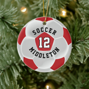 Soccer ⚽ Ball in a Dark Red and White Ceramic Ornament