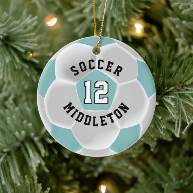 Soccer ⚽ Ball in a Teal and White Ceramic Ornament (Tree)