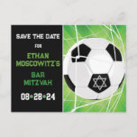 Soccer Ball in Net Bar Mitzvah Save the Date Card<br><div class="desc">This soccer-themed Bar Mitzvah save the date postcard coordinates with the Soccer Ball in Net Bar Mitzvah invitation and has a black, green, and white colour scheme. The front side has an image of a black and white soccer ball slamming into the soccer goal white netting. There is a light...</div>