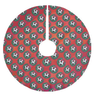 Soccer Ball in Wreath Pattern on Red Brushed Polyester Tree Skirt