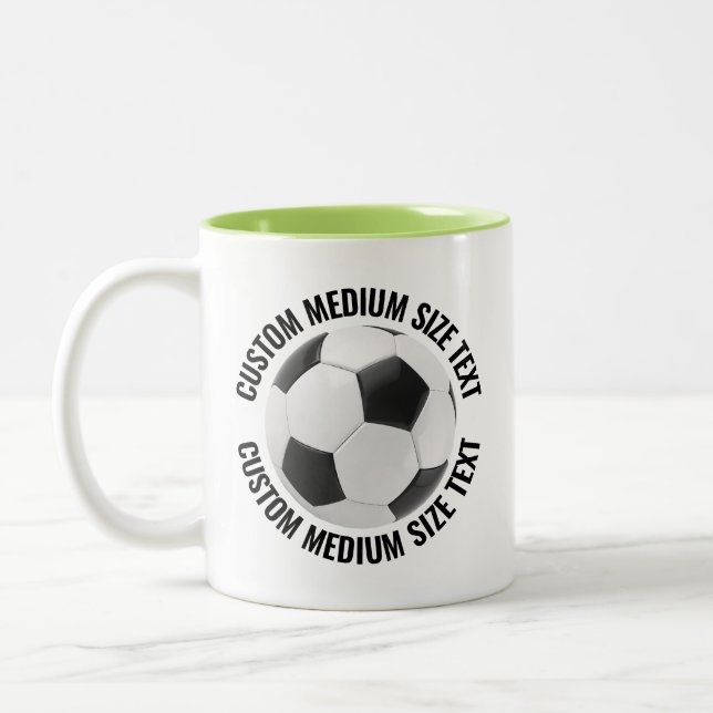 Soccer Ball & Medium Text LIME GREEN 11oz Custom Two-Tone Coffee Mug (Left)
