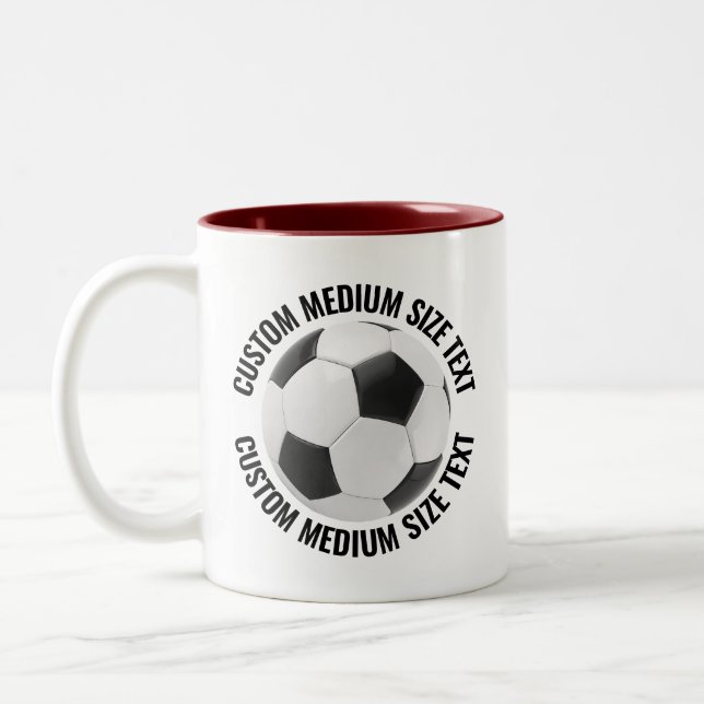 Soccer Ball & Medium Text MAROON 11oz Custom Two-Tone Coffee Mug (Left)