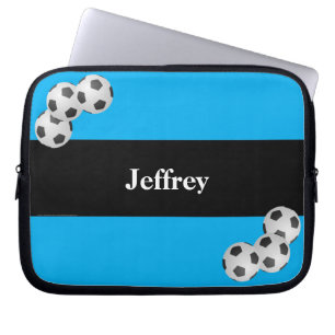 Soccer Ball, Name, Blue & Black Computer Laptop Sleeve