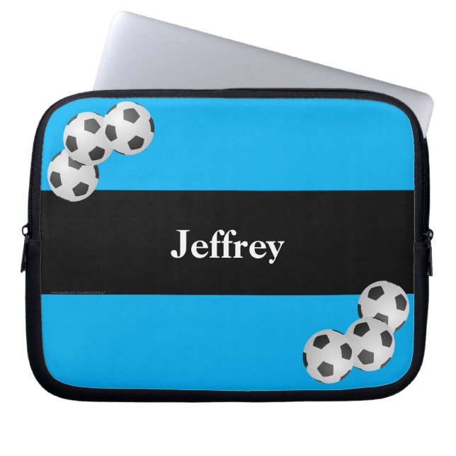 Soccer Ball, Name, Blue & Black Computer Laptop Sleeve (Front)