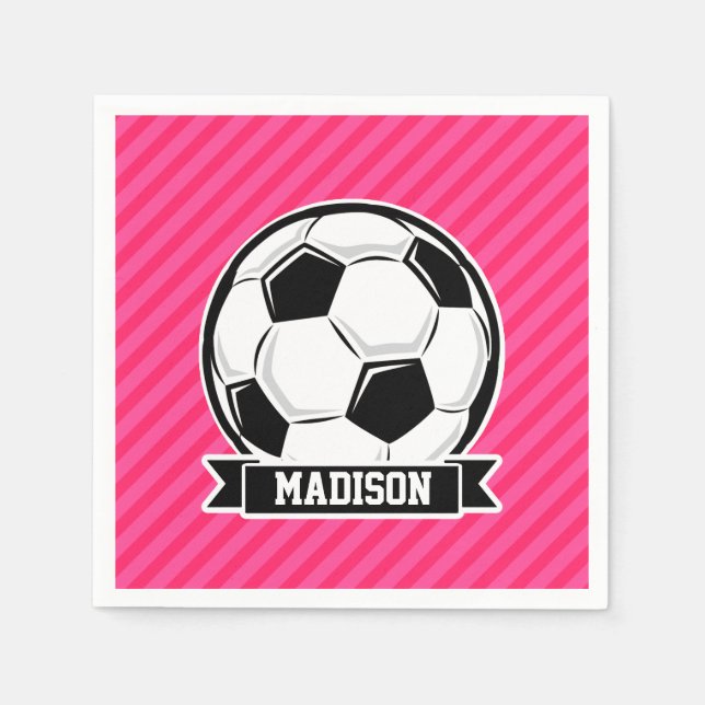 Soccer Ball on Neon Pink Stripes Napkin (Front)