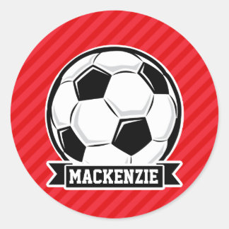 Soccer Ball on Red Diagonal Stripes Classic Round Sticker