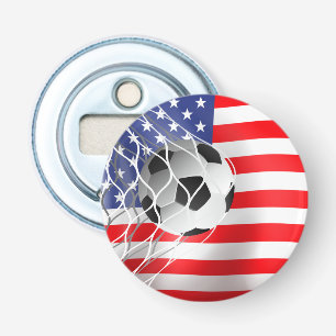Soccer Ball On USA Flag Bottle Opener
