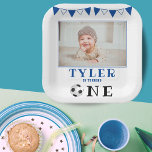 Soccer Ball One 1st Birthday Photo Birthday Party  Paper Plate<br><div class="desc">Soccer Ball One 1st Birthday Photo Birthday Party Paper Plates. Cute birthday party plates for the 1st birthday party with a custom photo. The design has a soccer ball and bunting flags in white and blue colours. Football-themed birthday celebration. Personalise with a child`s photo and child`s name.</div>