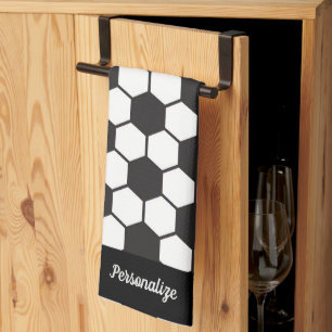 Soccer Ball Pattern Black White Design Personalise Tea Towel