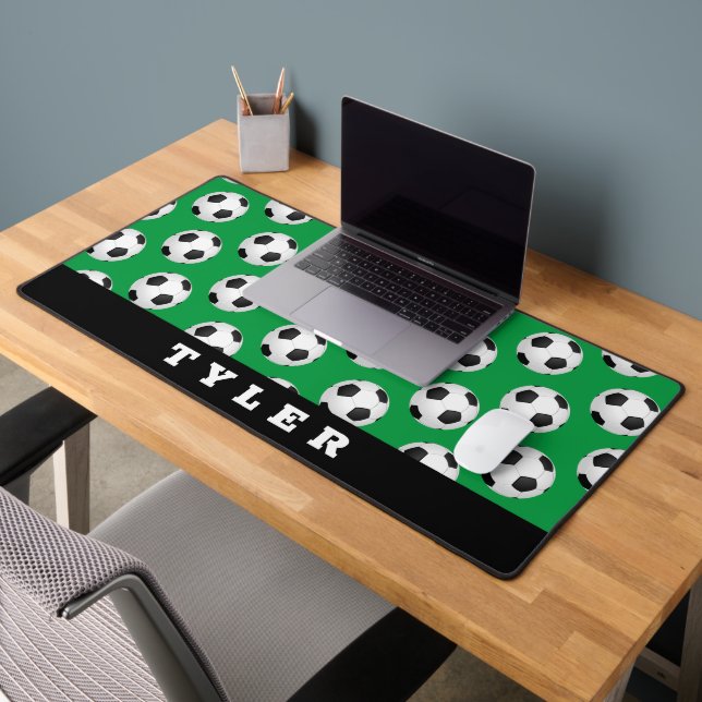 Soccer Ball Pattern, Bold Name, Black/Green Desk Mat (Office 2)