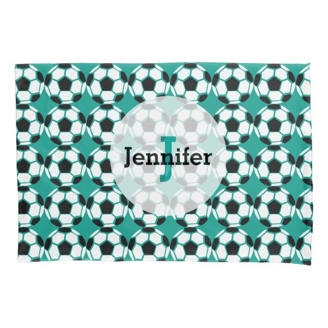 Soccer Ball Pattern Personalised Unique Green Kids Pillowcase (Front)