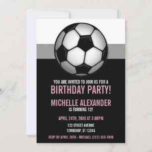 Soccer Ball Pink & Black Birthday Invitations
