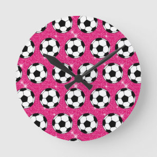 Soccer Ball Pink Frost Glitters Sport Player White Round Clock