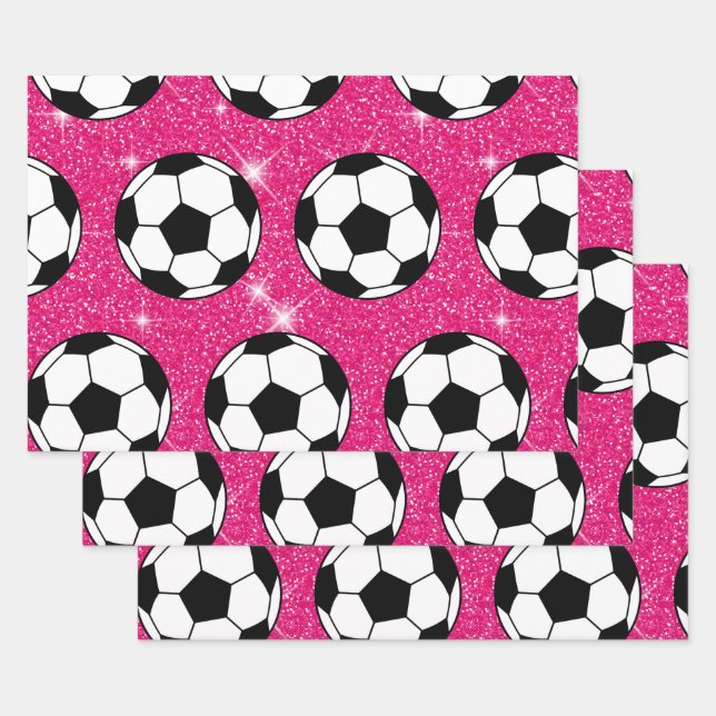 Soccer Ball Pink Frost Glitters Sport Player White Wrapping Paper Sheet (Set)