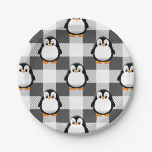 Soccer Ball Plaid Pattern In Black White and Gray Paper Plate
