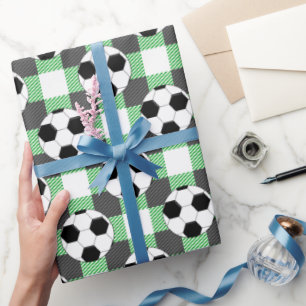 Soccer Ball Plaid Pattern In Black White and Green Wrapping Paper