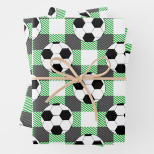 Soccer Ball Plaid Pattern In Black White and Green Wrapping Paper Sheet