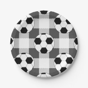 Soccer Ball Plaid Pattern In Black White and Grey Paper Plate