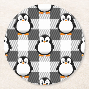 Soccer Ball Plaid Pattern In Black White and Grey Round Paper Coaster