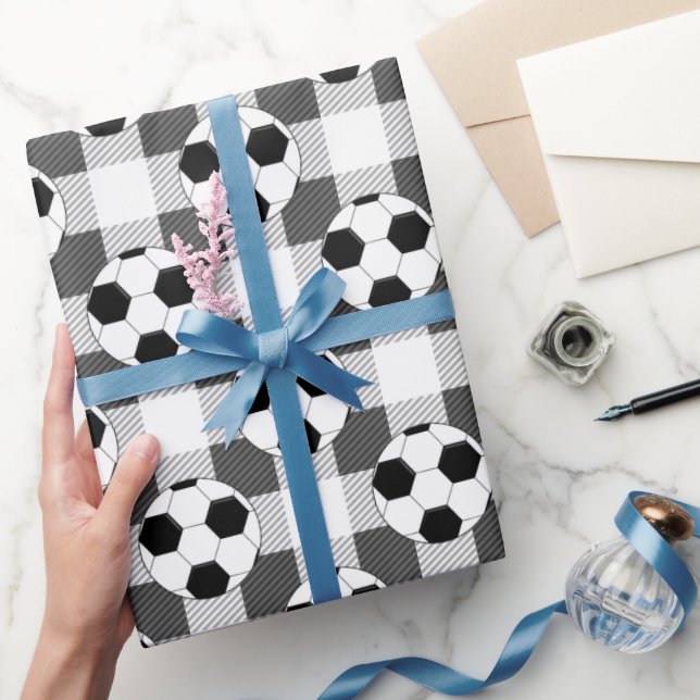 Soccer Ball Plaid Pattern In Black White and Grey Wrapping Paper (Gifting)