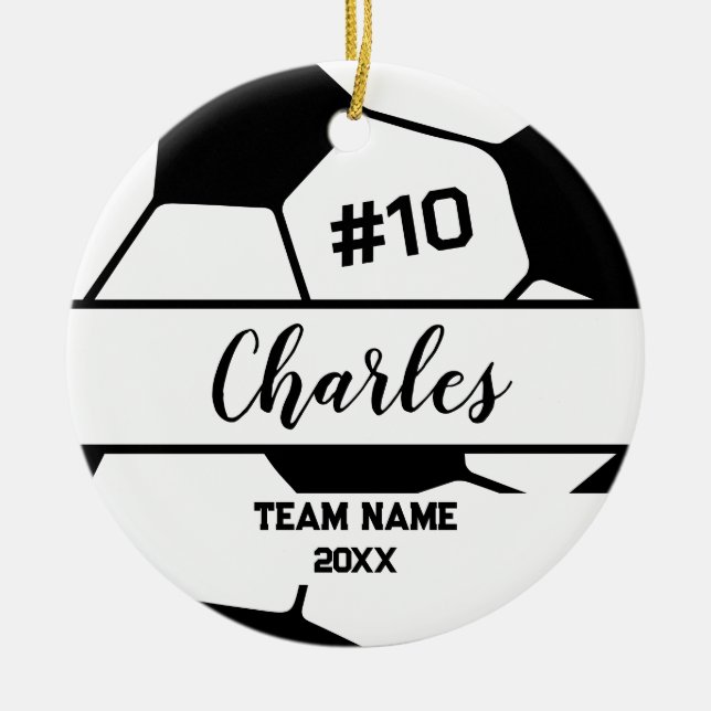 Soccer Ball Player | Custom Name Number & Team Ceramic Ornament (Front)