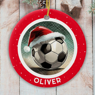 Soccer Ball Red Santa Hat Christmas Kid`s Name  Ceramic Ornament