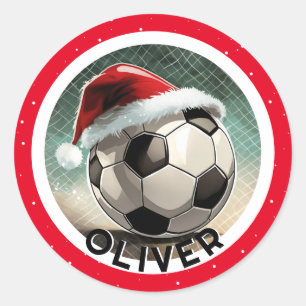Soccer Ball Red Santa Hat Christmas Kid`s Name Classic Round Sticker