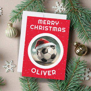 Soccer Ball Red Santa Hat Christmas Kid`s Name  Holiday Card