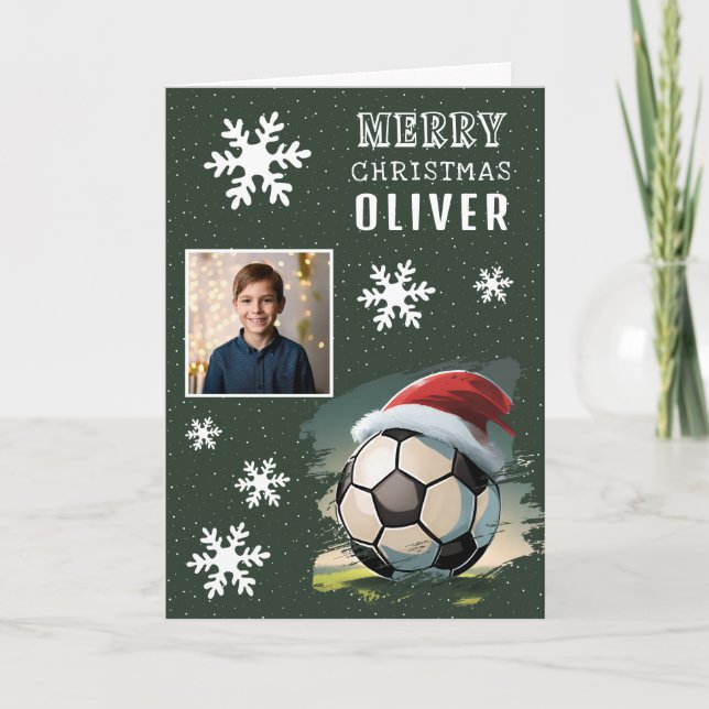 Soccer Ball Santa Hat Kids Photo Christmas Card (Front)