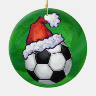 Soccer Ball Santa Hat on Green Ceramic Ornament