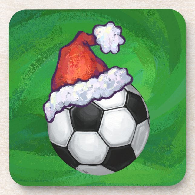 Soccer Ball Santa Hat on Green Coaster (Front)