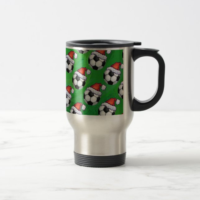 Soccer Ball Santa Hat on Green Travel Mug (Right)